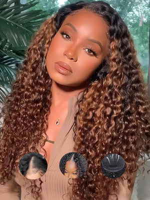YIROO EasiContour V Part Wigs Ombre Brown Glueless Human Hair Upgrade U Part Wig with Dark Roots Highlight V Shape Clip Wigs Beginner Friendly with Drawstring Ready to Wear Chestnut Brown Color 24Inch