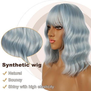 Short Bob Wigs with Bangs for Women Loose Wavy Wig Curly Wavy Shoulder Length Bob Synthetic Cosplay Wig for Girl Colorful Costume Wigs (Ice Blue)