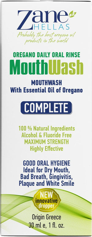 Zane Hellas MouthWash. Oral Rinse with Oregano Oil Power. Ideal for Gingivitis Plaque Dry Mouth and Bad Breath. Alcohol and Fluoride Free. 100% Herbal Solution. 2 fl.oz.-60ml.