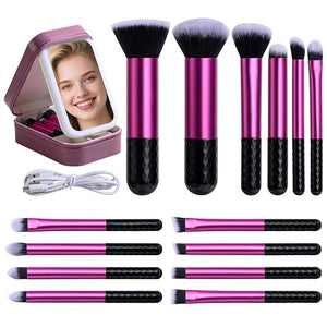 BS-MALL Makeup Brushes Set 14 Pcs with LED Light Mirror ? Premium Cosmetic Tools for Flawless Beauty Routines (Purple)