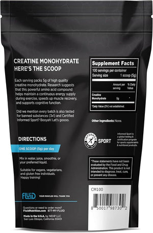 Fluid Creatine - Informed Sport Certified | 100% Creatine Monohydrate Powder | Unflavored | 5g per Serving (100 Servings)