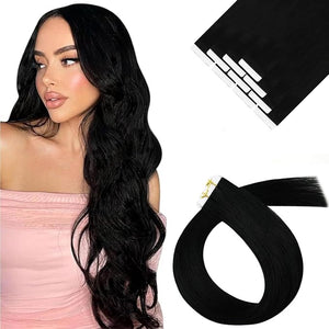 Sunny Hair Tape in Hair Extensions Human Hair 14 Inch Hair Extensions Real Human Hair Tape in Extensions for Women Solid Black Virgin Hair Natural Straight Skin Weft Double Sided Tapes 10Pcs 25g