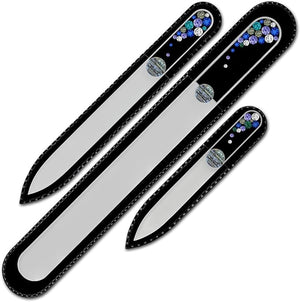 Mont Bleu Set of 3 Glass Nail Files Hand Decorated with crystals - in Black Velvet Sleeve - Genuine Czech Tempered Glass - Handmade Crystal Nail Files