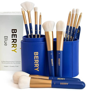 BERRY Blue Premium Makeup Brush Set ? 12-Piece Professional Ultra-Soft Synthetic Brushes for Face &amp Eyes | Foundation Powder Blush Concealer Eyeshadow ? Vegan Cruelty-Free Numbered Travel C