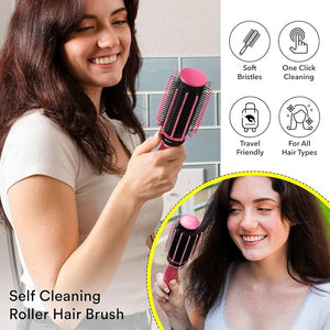 Set of 2 Self Cleaning Hair Brushes for Women Men - Detangler Round Brush for Blow Out - Roller Retractable Travel Hairbrush - Navy Blue &amp Pink Christmas Gifts