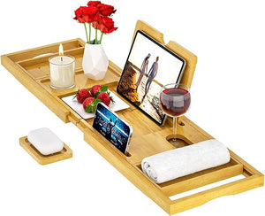 Premium Expandable Bamboo Bathtub Tray Caddy - Fits Most Bath Tubs