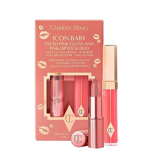 Charlotte Tilbury Icon Baby Lip Duo Kit - Mini K.I.S.S.I.N.G Satin Shimmer Lipstick &amp; Full Size Hall of Fame High Shine Gloss Set - Hydrating Long Lasting Makeup Duo for On-the-Go Glossy Shine