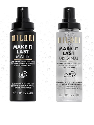 Milani Setting Spray + Primer Make It Last Original - Natural Finish with Niacinamide for Hydration &amp Make It Last Matte- Oil Absorbing Charcoal Formula to Control Shine - 2 Pack