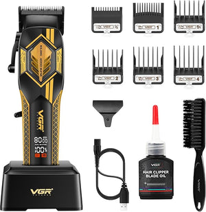 VGR 119 Professional Cordless Hair Clippers for Men Rechargeable Barber Clippers with Base Lithium-ion Battery Hair Cutting Machine with BLDC Motor and Ceramic Blades for Home and Barber Gold
