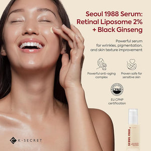 K-SECRET SEOUL 1988 Retinal Serum: Retinol Serum for Face Anti Aging Wrinkle Care - 2% Retinal Liposome Black Ginseng Niacinamide Bakuchiol Vitamin C &amp 3 Peptides - Korean Skincare Fragrance Free