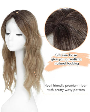UDU Wavy Hair Topper Hair Toppers for Women 20inch Brown Toppers Hair Pieces for Women with Thinning Hair Ombre Highlight Synthetic Wig Clip In Hair Topper Wiglets with Fringe Bang Add Hair Volume