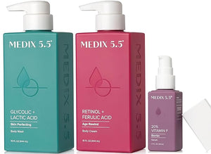 MEDIX Anti Aging Skin Care 3PC Set | Retinol Body Cream + Exfoliating AHA Glycolic Acid Foaming Face &amp; Body Wash + Vitamin F Booster Serum, Wash + Treat + Hydrate Skincare Set