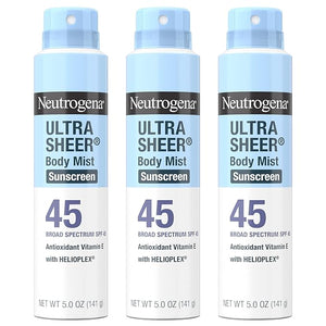 Neutrogena Ultra Sheer Body Mist Sunscreen Spray Broad Spectrum SPF 45 Lightweight Spray Sunscreen Non-Greasy &amp Water Resistant Oil-Free &amp Non-Comedogenic UVA/UVB 5 oz Pack of 3