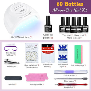 JODSONE Gel Nail Polish Kit 60 PCS with U V Light Soak off Base Top Coat 55 Shine Colors Gel Nail Kit Bright and Dark Brown Wine Red Series Manicure Set for Women and Girls