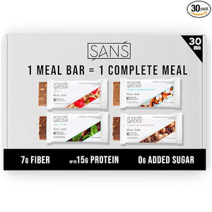 SANS Meal Replacement Protein Bar Gluten Free Healthy High Protein Snacks High Fiber No Sugar Added Dairy Free Soy Free Variety Pack 30 Bars