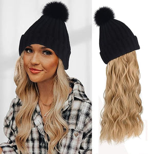 Women Winter Beanie Hat with Wig Big Wavy Curly Hair Extensions Knit ski Snow Cap Attached Party Daily Weddings Wig