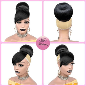 Extra Large Hair Bun &amp; Bang Set 2PCS - Black Braided Bun N Bang Clip in Updo Bride Chignon with Swoop Side Bangs Ponytail Extension Buns Hair Piece for Black Women Wedding Party
