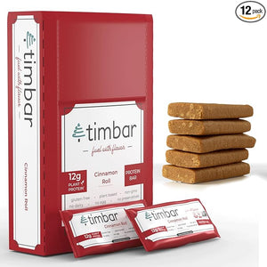 timbar Protein Bars 12 Pack | 12g Protein &amp; 9g Fiber Plant Based- Energy &amp; Nut Bars | Gluten Free, Non-GMO, Dairy Free, Healthy On-the-Go Snack &amp; Meal Replacement (12 Packs, Cinnamon Roll)