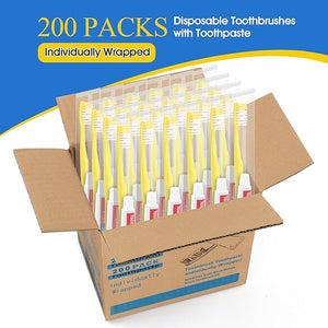 Homvle Disposable Toothbrushes with Toothpaste - 200 Packs Individually Wrapped Travel Toothbrushes Bulk Medium Soft Bristles Perfect for Travel Size Toiletries OCC Airbnb Dentist Office