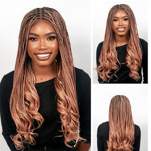 Wow Braids 18 360 HD Transparent Full Lace Knotless Braided French Curls Wig ? Synthetic Pre-Plucked With Baby Hair Curly Tips Color Rose-Gold Handmade Box Braided Wig for Black Women