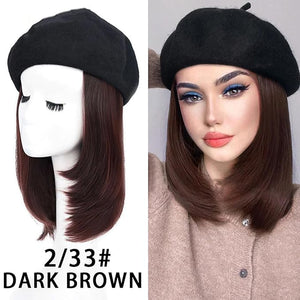 Women Beret Hat Wig with Hair Extensions Classic French Wool Beanie Hat Straight Short Wig Bob Synthetic Hairpiece Deep Brown