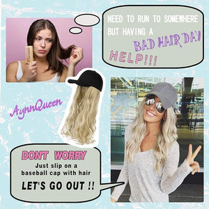 AynnQueen Baseball Cap with Hair Extensions for Women Adjustable Hat with Synthetic Wig Attached 24inch Long Wavy Hair Black Baseball Cap (Dark Black)