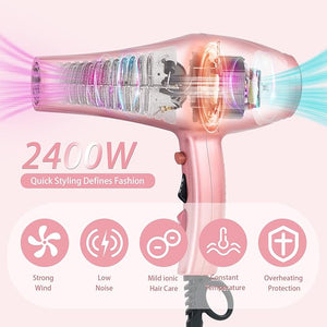 Ionic Hair Dryer,2400W Negative Ion Low Noise Hair Dryer Professional Fast Drying Hair Dryers with 2 Speeds, 3 Heat Settings, Cooling Button,with Diffuser for Curly and Straight Hair£¨Sakura Pink£©
