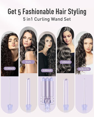 Waver Curling Iron Wand - BESTOPE PRO 5 in 1 Curling Wand Set with 3 Barrel Hair Crimper for Women Fast Heating Crimper Wand Curler in All Hair Type Women Gifts - Purple