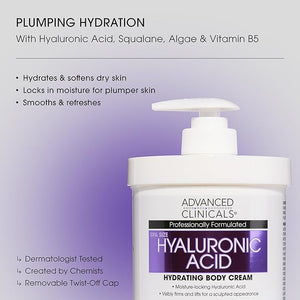 Advanced Clinicals Hyaluronic Acid Moisturizer Body Cream W/Vitamin E | Hydrating Cream &amp Body Lotion For Women &amp Men To Help Improve Look of Wrinkles Dry Skin Crepey Looking Skin 16OZ 2-P