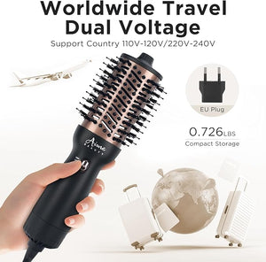 Aima Beauty 4 in 1 Worldwide Travel Hot Air Brush Dual Voltage Blowout Brush Oval Shape 110-120V/220-240V Straightener Blow Dryer Brush Negative Ionic Lock Moisture Gift 360¡Æ Swivel Cord Black