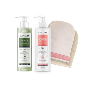 Complete Rejuvenating Shower Routine Body Renewal Set with Double-Sided Exfoliating Pad Anti Cellulite Scrub and Multi-Peptide Body Wash Smooth Firm Youthful Skin