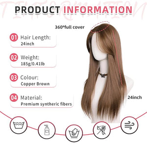 Toppers Hair Pieces for Women 24 Inch Long Straight Top Hair Pieces Hair Extensions Clip Ins Layered Wig Toppers for Thinning Hairs Synthetic Hairline Topper Clip on Hair Topper Copper Brown