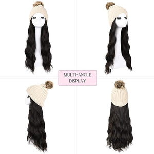 HOOJIH Wig Hat with Long Wavy Curly Hair, Warm Knitted Beanie Hat Wig with Faux Fur Pom - 18 Inch Synthetic Hairpiece for Women Girls Winter - Black Brown