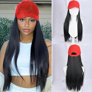 Sun Hat Wig for Women Baseball Cap with Hair Extensions Attached 22 Long Wavy Straight Hairpieces Synthetic Wig
