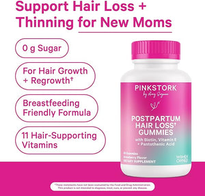 Pink Stork Postpartum Hair Loss Gummies | Biotin Pantothenic Acid Vitamin E B6 B12 | Postnatal Hair Growth + Regrowth Support | Breastfeeding-Friendly | Postpartum Essentials | 60 Gummies
