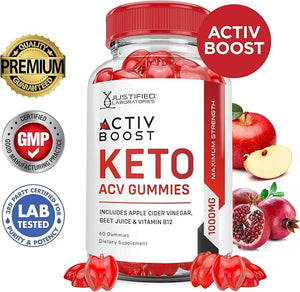 Justified Laboratories Activboost Keto 1000MG Apple Cider Vinegar Activ Boost Formulated with Pomegranate Beet Juice Powder B12 Vegan Non GMO 60 Gummies
