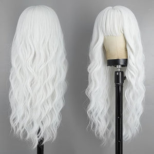 Lativ White Wig With Bangs Long Wavy Wig For Women White Color Wigs Synthetic Curly wig Natural Looking Heat Resistant Hair For Daily Party Cosplay Use 26 Inches