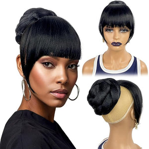 Bun with Bang Set 2pcs - Black Thick Curtain Bang with Twist Braided Bun Clip in Synthetic Hairpiece extension yaki updo bun and fringe for Black Women
