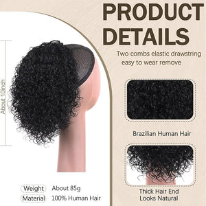 Ponytail Extension Human Hair 12 Deep Curly Drawstring Ponytail for Black Women 3C Kinky Curly Extension Natural Black for Daily Use(Natural Black 1B)