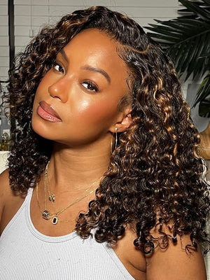 Julia Hair Highlight V Part Curly Wigs with Drawstring Balayage Brown Clip-In Half Wigs EasiContour Upgraded U Part Jerry Curly Glueless Human Hair Wig Beginner-Friendly Ready to Go 24 Inch