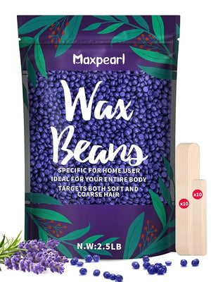 Maxpearl 2.5LB Hard Wax Beads for Hair Removal Natural Lavender Formula - Brazilian Waxing Sensitive Skin Face Underarms Legs Back Chest and More with 20 Wax Sticks Purple