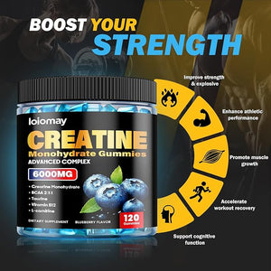 Creatine Monohydrate Gummies for Men &amp Women 5g Vegan Creatine Gummy with Taurine for Build Muscle Boost Energy &amp Strength Blueberry Flavor Chewable Sugar-Free Pre Workout Supplements 120