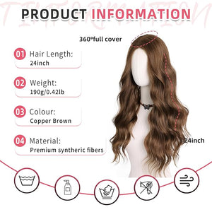 Hair Toppers for Women Thinning Hairs 24 Inch Long Layered Topper Curly Synthetic Wiglets Pieces Lace Hand-Tied Hairline Synthetic Heat Resistant Clip on Hair Topper for Women Copper Brown