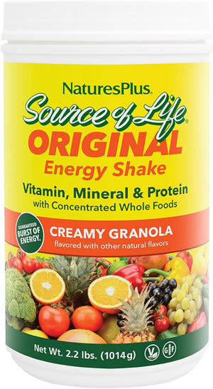 NaturesPlus Source of Life Energy Shake - 2.2 lbs Multivitamin Mineral &amp Protein Powder - Granola Flavor - Whole Food Meal Replacement - Non-GMO Vegetarian Gluten-Free - 26 Servings