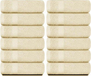 White Classic Luxury Cotton Washcloths 13x13 Inch - 650 GSM Turkish Cotton | Hotel, Spa, Bathroom Face Towel | 12 Pack, Beige