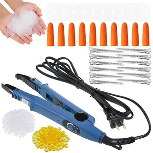Hair Extensions Iron Fusion Keratin Hair Extensions Heat Tool Heat Connector Wand with Fusion Glue Protector Template Hair Clip Finger Protector 2 Bag Keratin Glue Granule Bead(Blue)