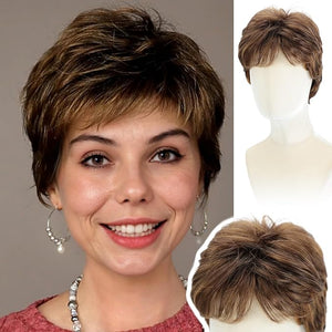 WIGYY Short Pixie Wigs for White Women ? Warm Brown with Copper Highlights Curly Synthetic Wig with Bangs Glueless Heat-Resistant Wigs Lightweight Realistic Wig for Older Women Daily Wear