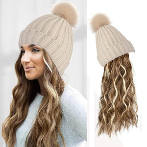Women Winter Beanie Hat with Wig Big Wavy Curly Hair Extensions Knit ski Snow Cap Attached Party Daily Weddings Wig