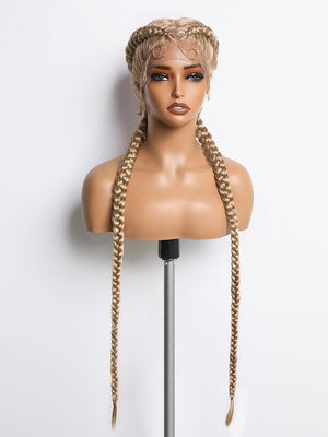 GORGIUS French Braided Wig 613 Blonde Knotless Braided Lace Front Wigs with Baby Hair Double Twist Braiding Pigtail Long Synthetic Box Braids Hair