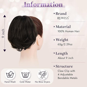 RUWISS Claw Clip Short Human Hair Ponytail Extension with Bendable Metals for DIY Styles Straight Messy Bun Hair Piece for Women Thick Hairpieces for Daily Wear 9 Inch Brown Black